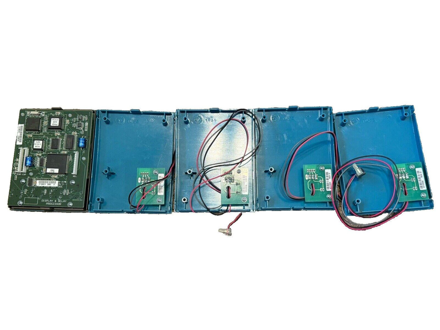 Fire alarm control panel circuit board with wiring and processor modules for fire safety systems
