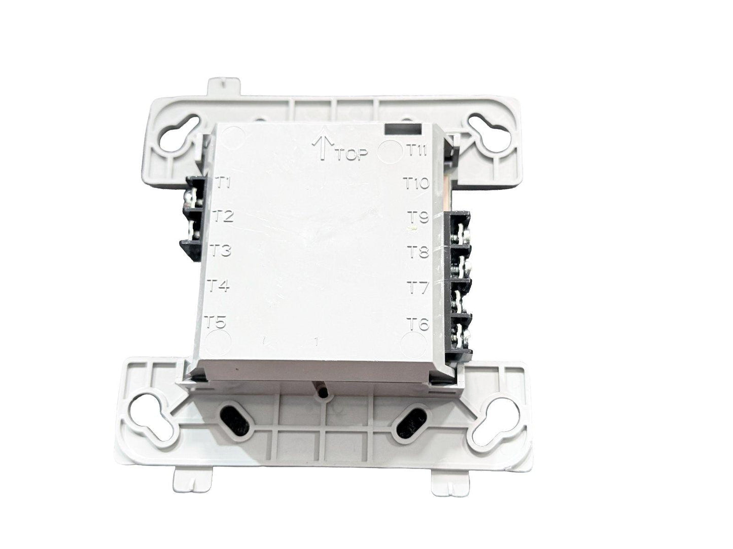 White fire alarm control module with terminal labels T1-T11, top indicator, and mounting clips