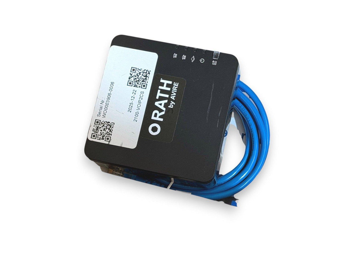Orath by Avire fire alarm interface module with blue Ethernet cable, model 2100-VOIP2CS
