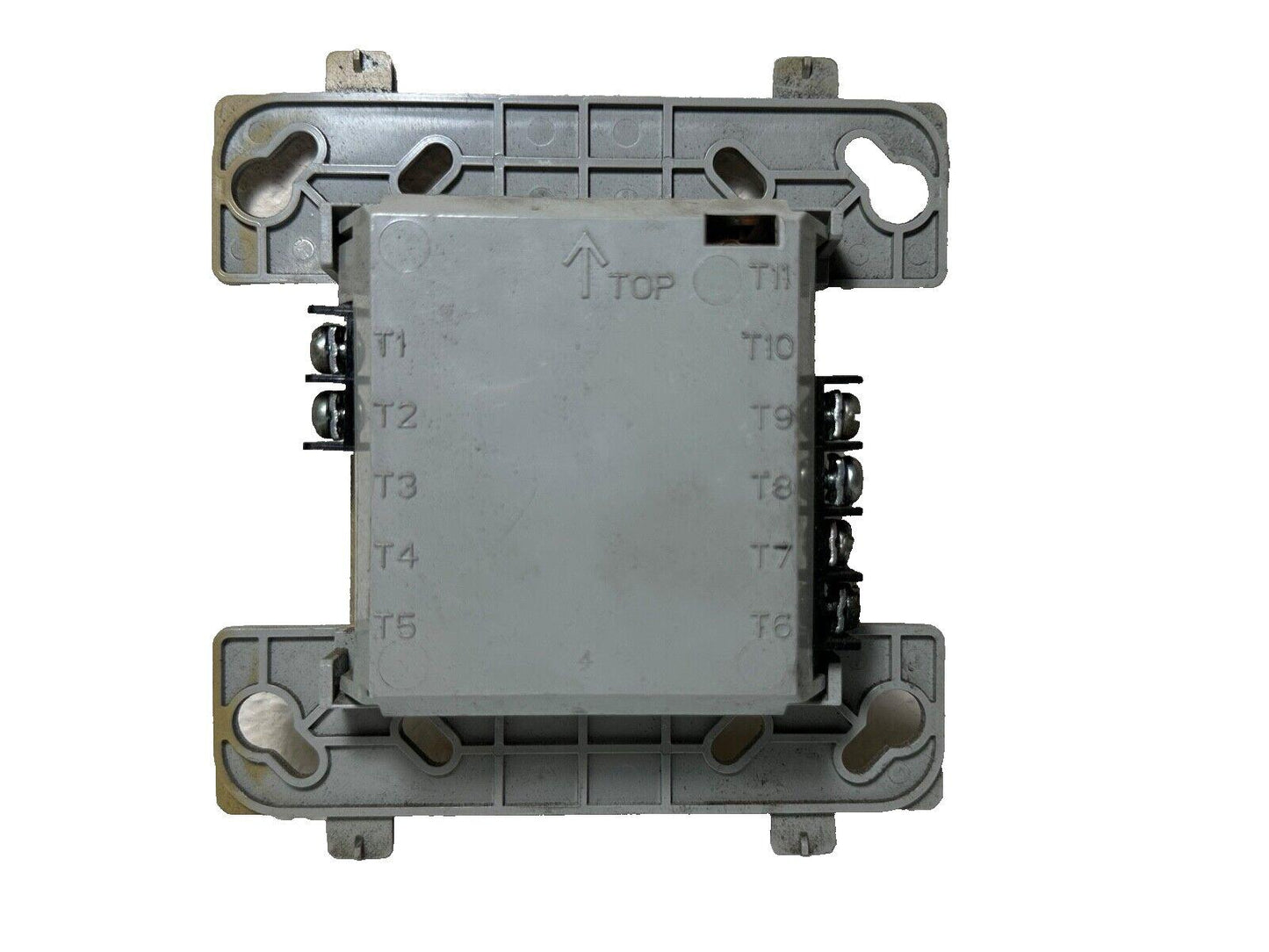 Fire alarm control module with terminal labels T1-T11, gray housing, top indicator arrow