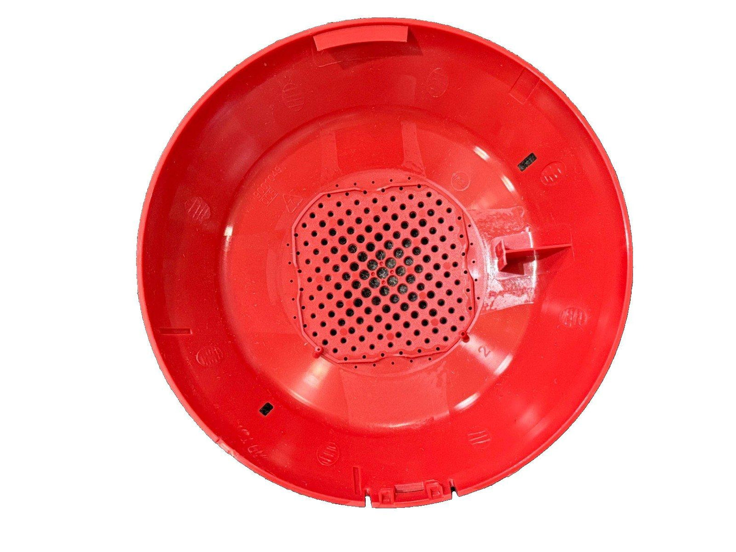 Red fire alarm sounder base with perforated speaker grille and mounting clips