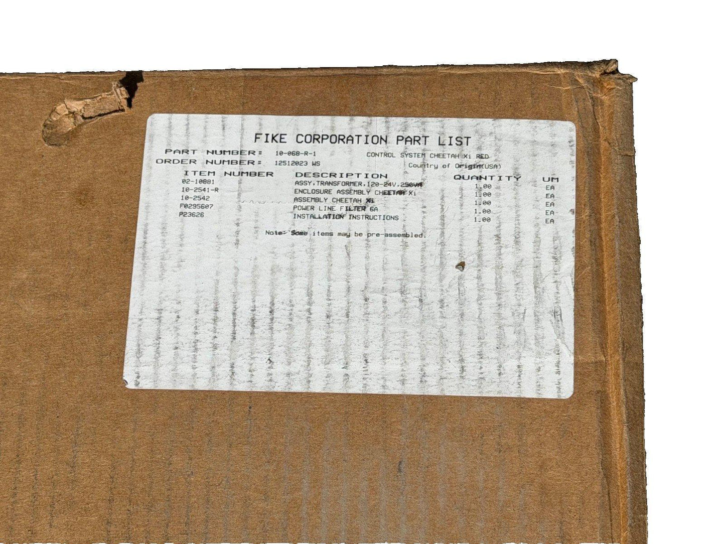 Fike Corporation Cheetah X1 fire alarm control system part list on cardboard box