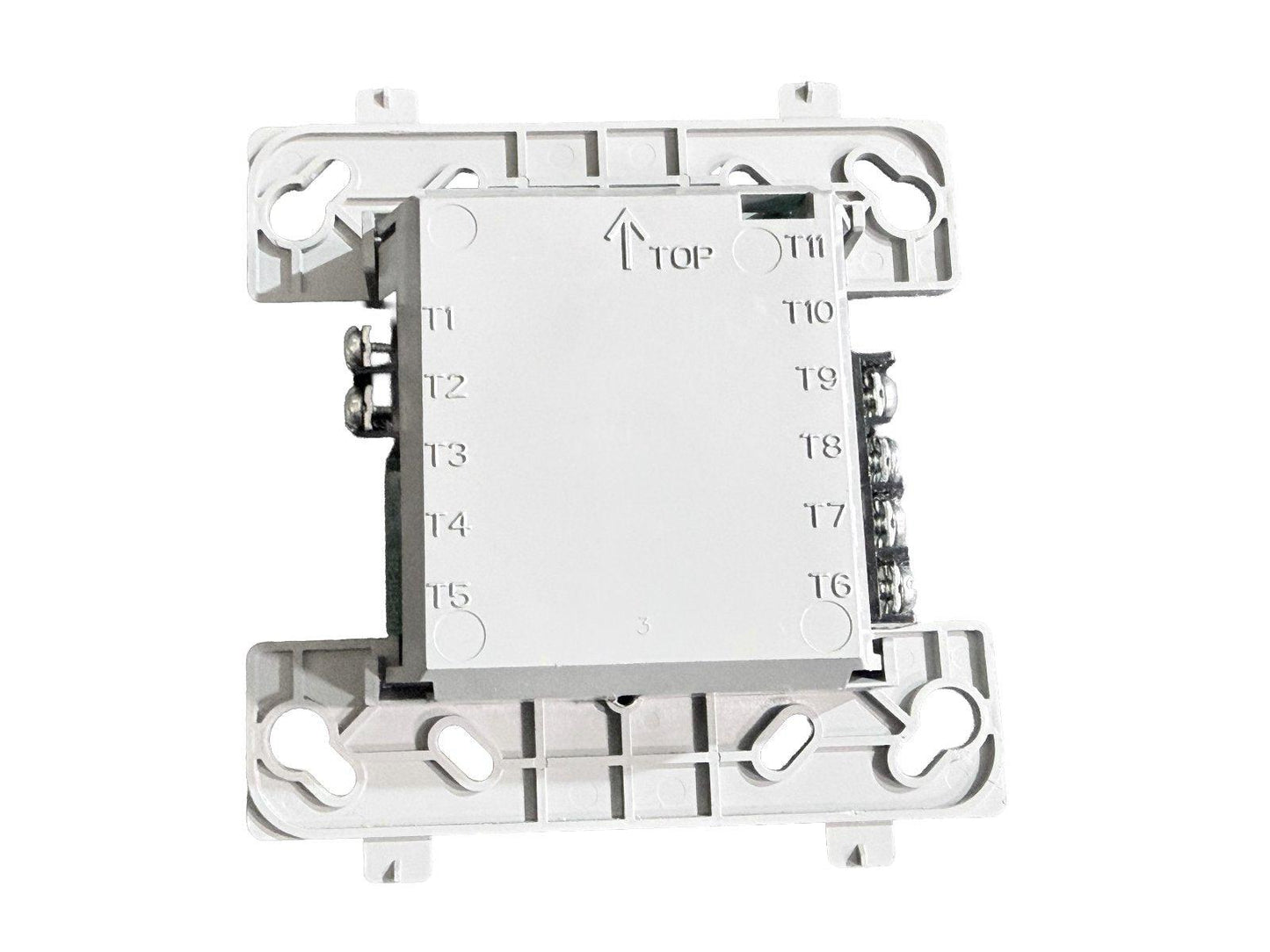 Fire alarm control module with terminal labels T1-T11, white plastic housing, top orientation marked