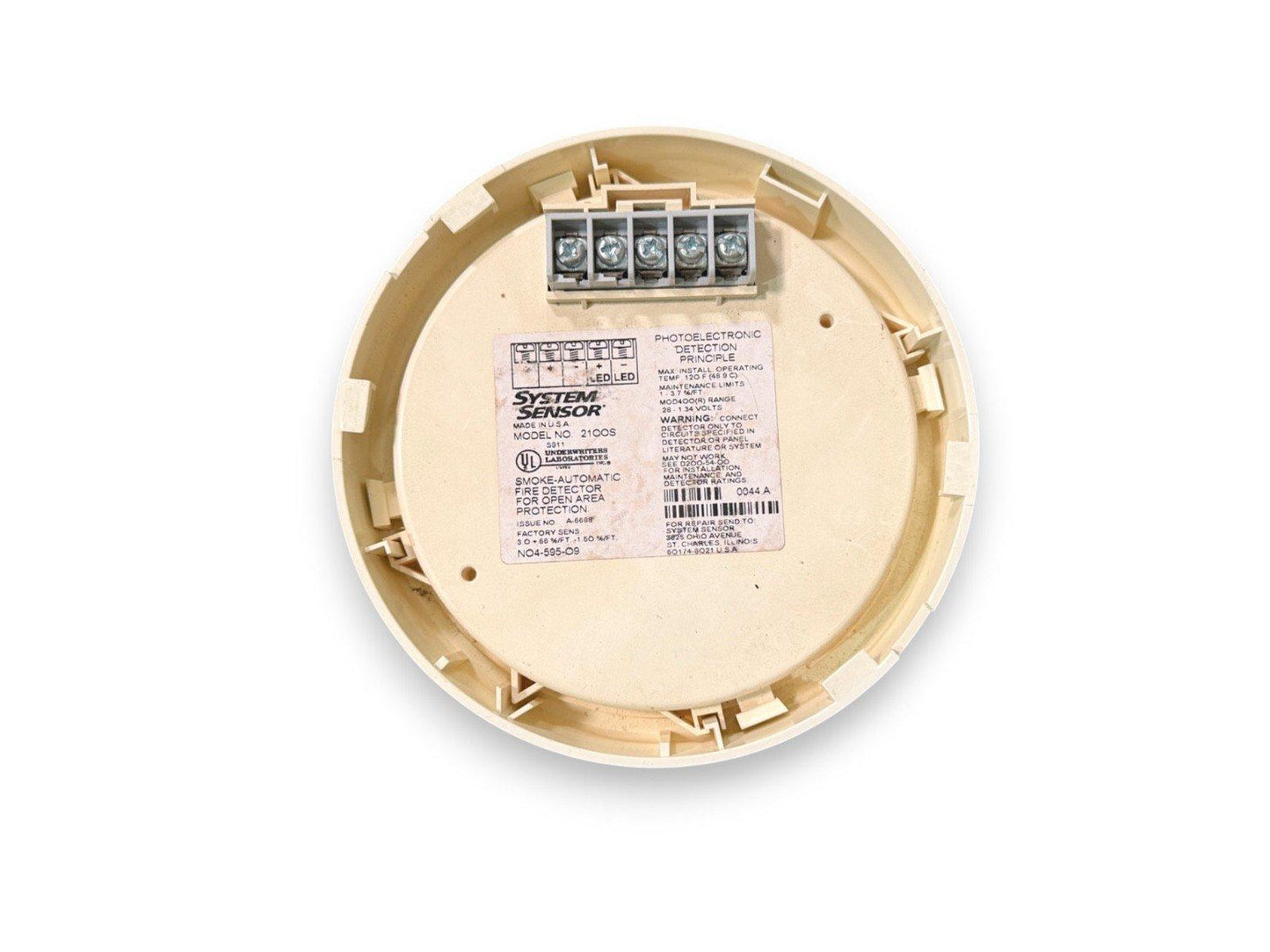 System Sensor 2100S smoke detector back view with wiring terminals and specs label for fire alarm systems
