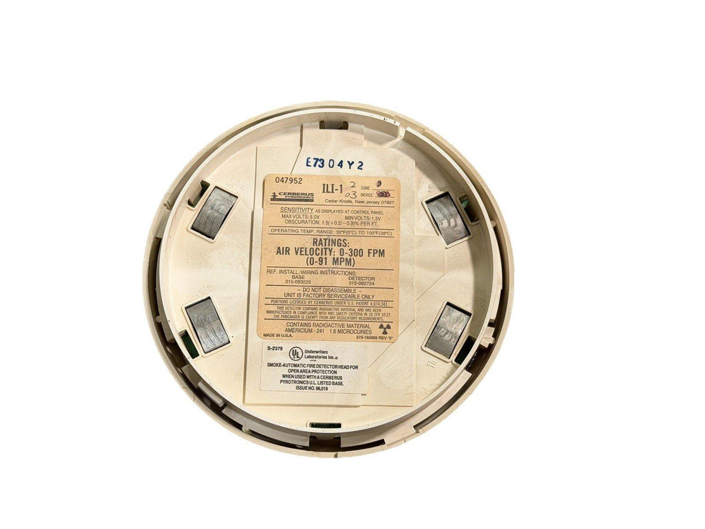 Cerberus Pyrotronics ILI-1 smoke detector head with specs label, used fire alarm equipment