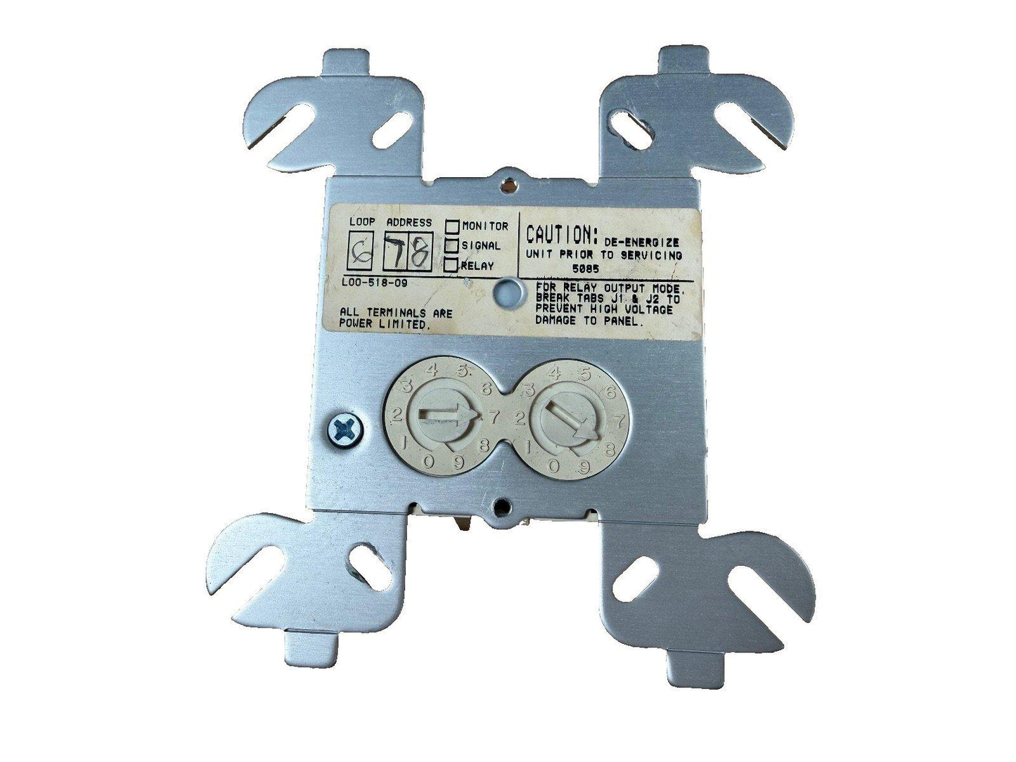 Fire alarm control module with loop address dials and safety labels for commercial fire systems