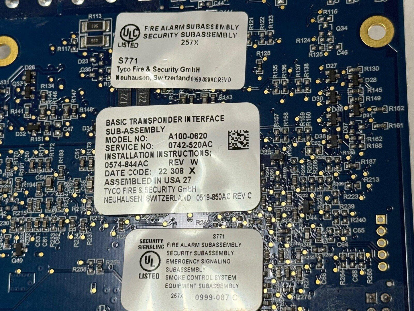 UL Listed fire alarm subassembly circuit board with Tyco labels, model A100-0620, for security and emergency signaling systems