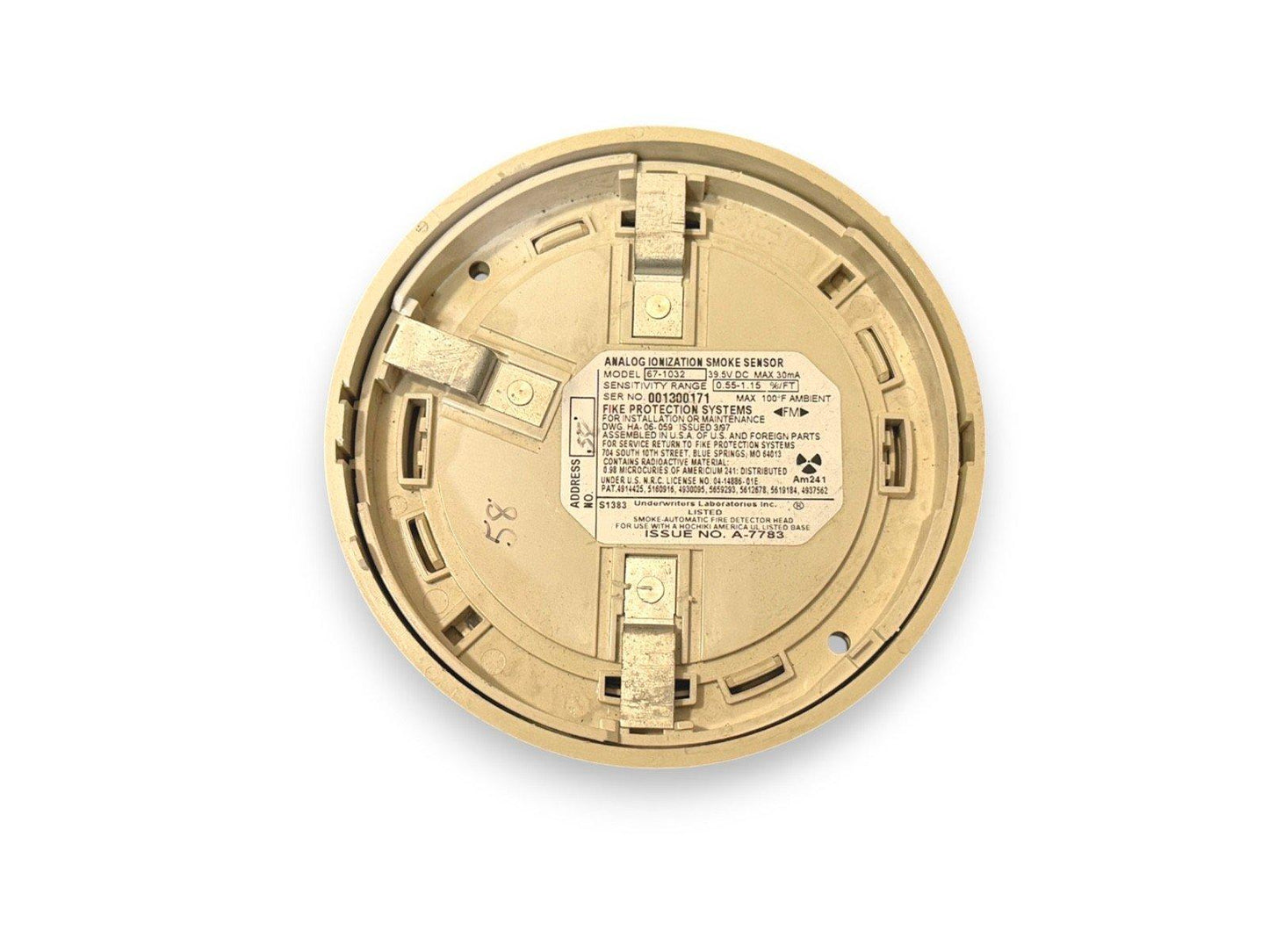 Analog ionization smoke sensor for fire alarm systems, model 67-1032, with installation details and UL listing.