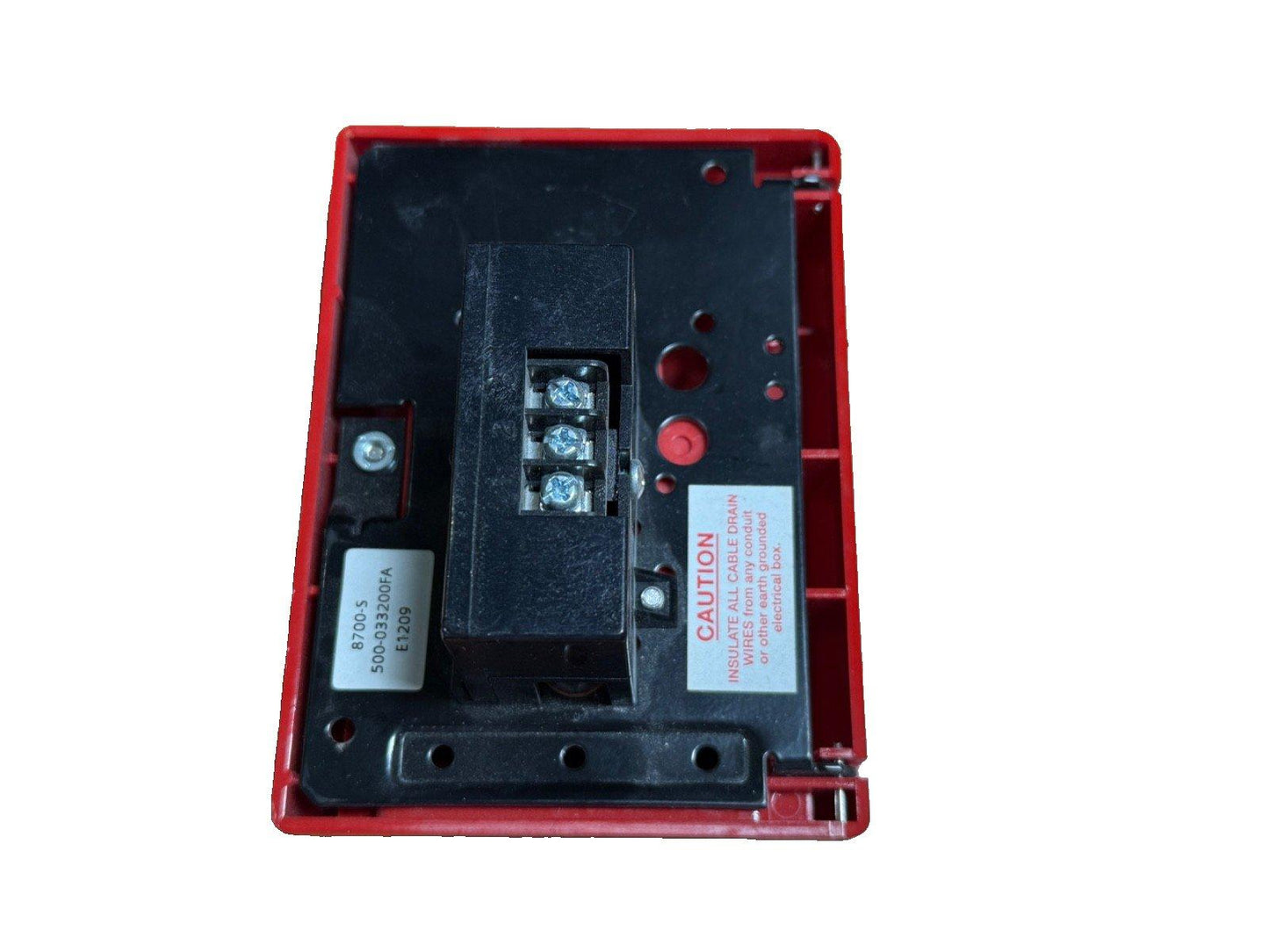 Red fire alarm control module with terminal connections and caution label, model 8700-S