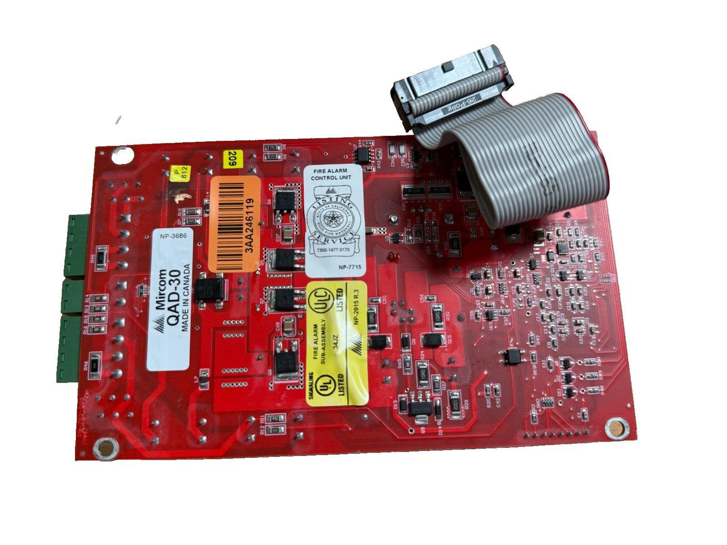 Mircom QAD-30 fire alarm control panel circuit board with ribbon cable, UL listed, made in Canada