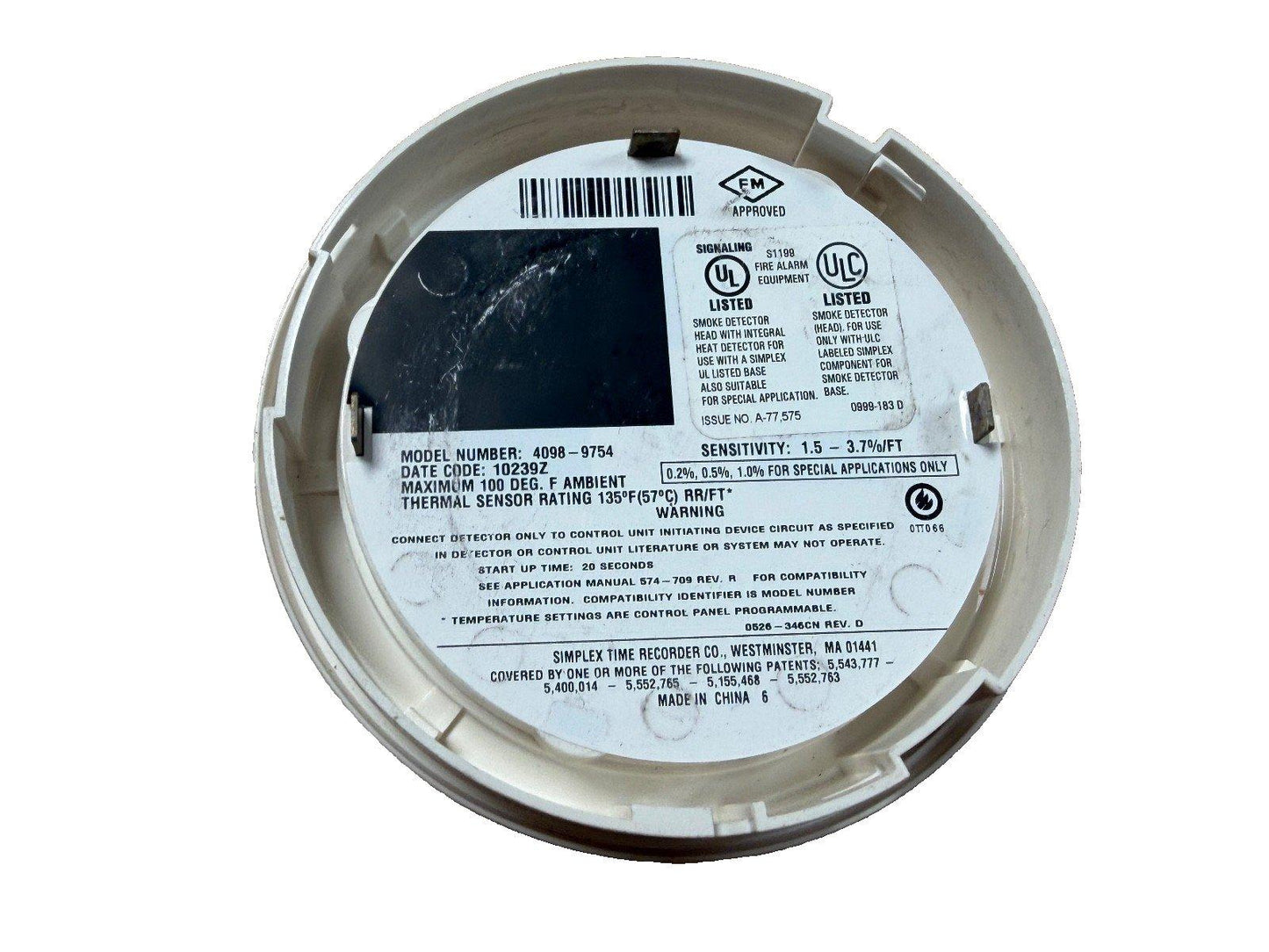 UL Listed smoke detector head with heat sensor, model 4098-9754, for fire alarm systems