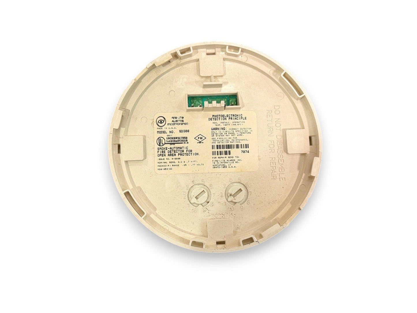 Fire-Lite SD300 smoke detector back view with wiring terminals and UL listing for fire alarm systems