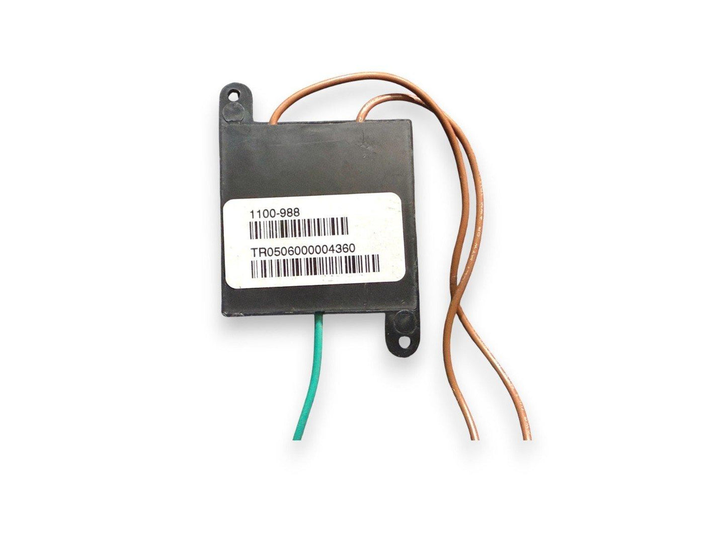 Fire alarm transformer with copper and green wires, model 1100-988, for fire safety systems