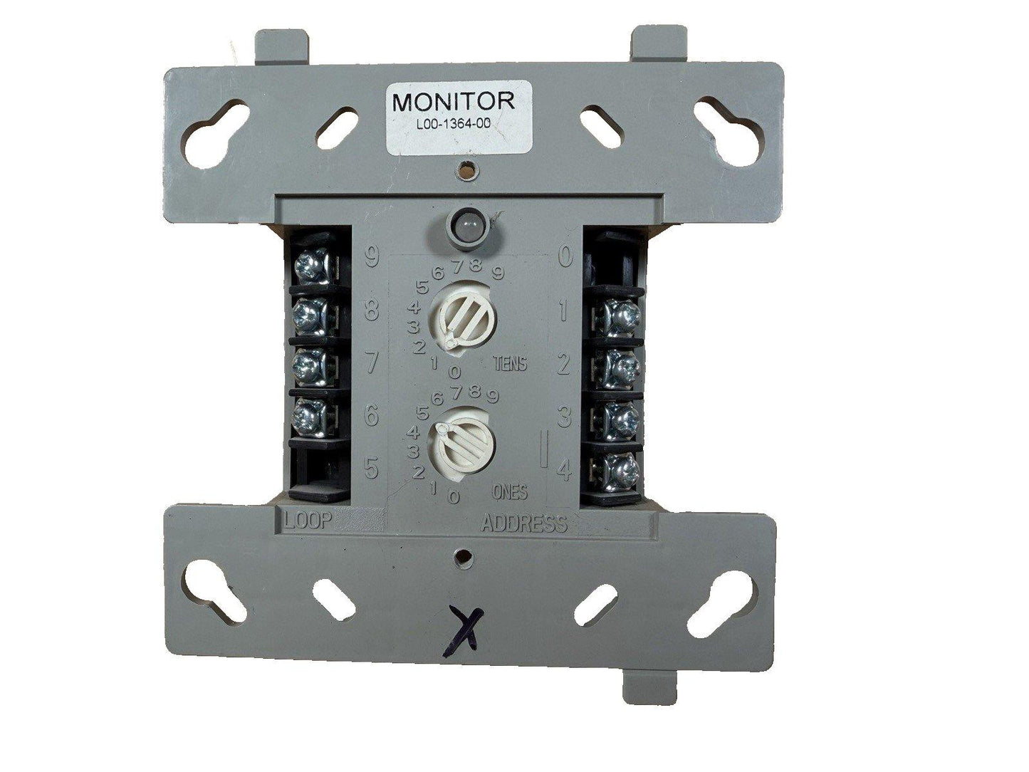Monitor L00-1364-00 fire alarm module with address dials and terminal connections for fire safety systems