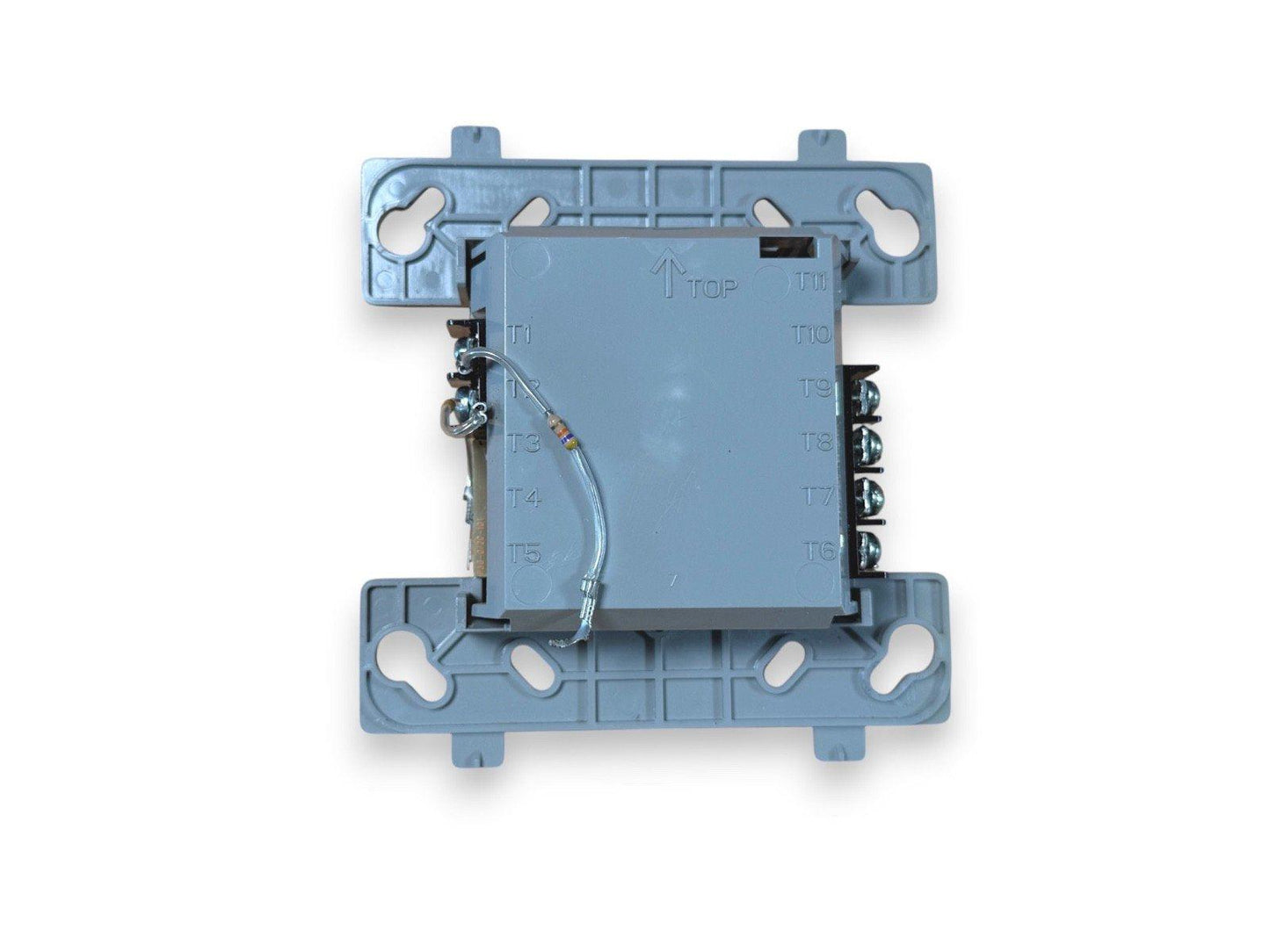 Fire alarm control module with terminal connections and mounting bracket, labeled T1-T11 for wiring