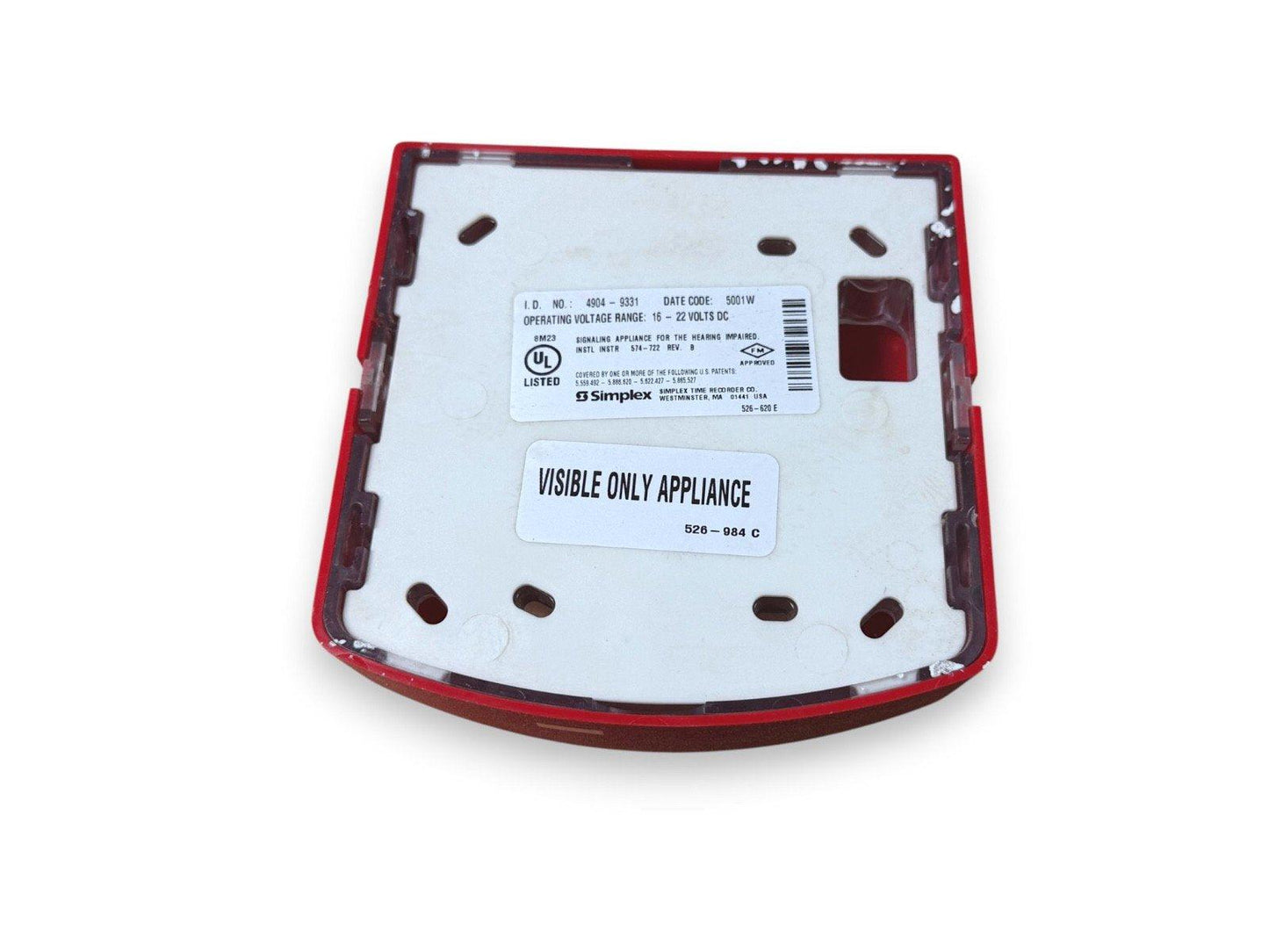 Simplex fire alarm strobe backplate with UL listing and visible-only label, 16-22V DC operation