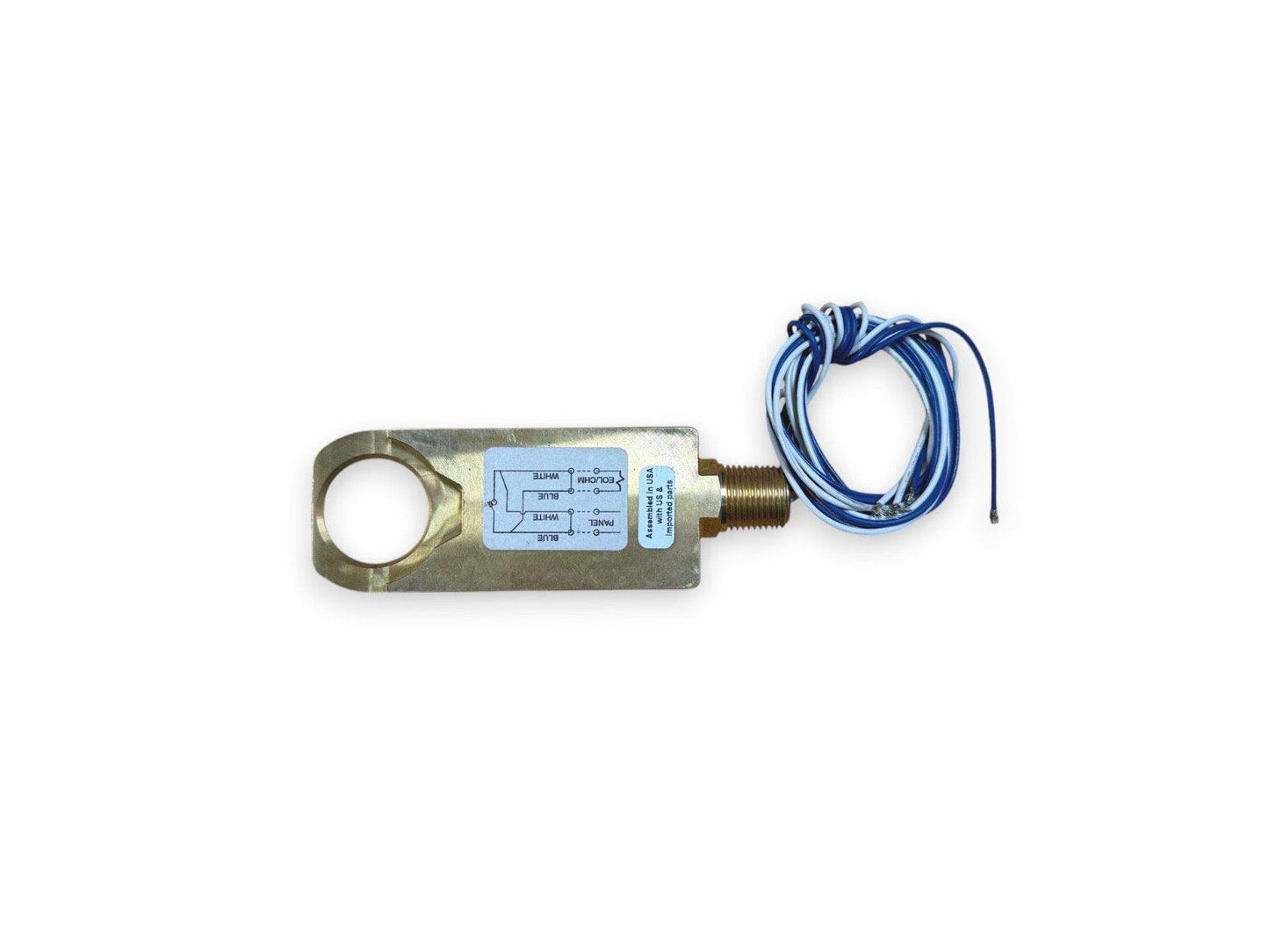 Fire alarm pull station with blue and white wiring, metal housing, and assembly label