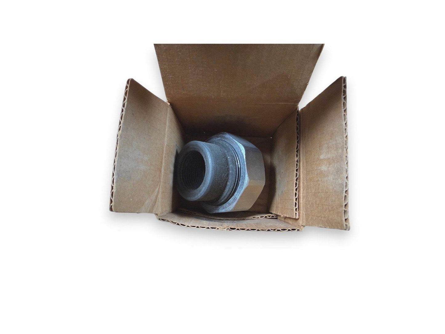 Fire alarm pipe fitting in cardboard box, industrial metal connector for fire safety systems