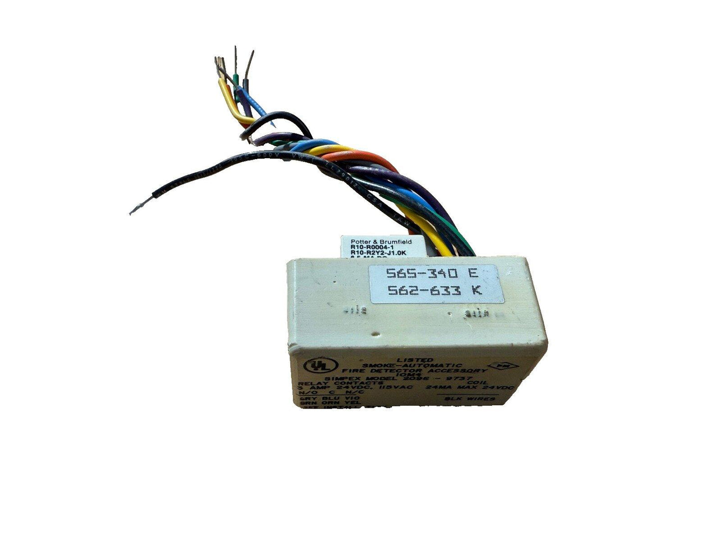 Potter & Brumfield fire alarm relay module with multi-colored wiring, UL listed smoke detector accessory