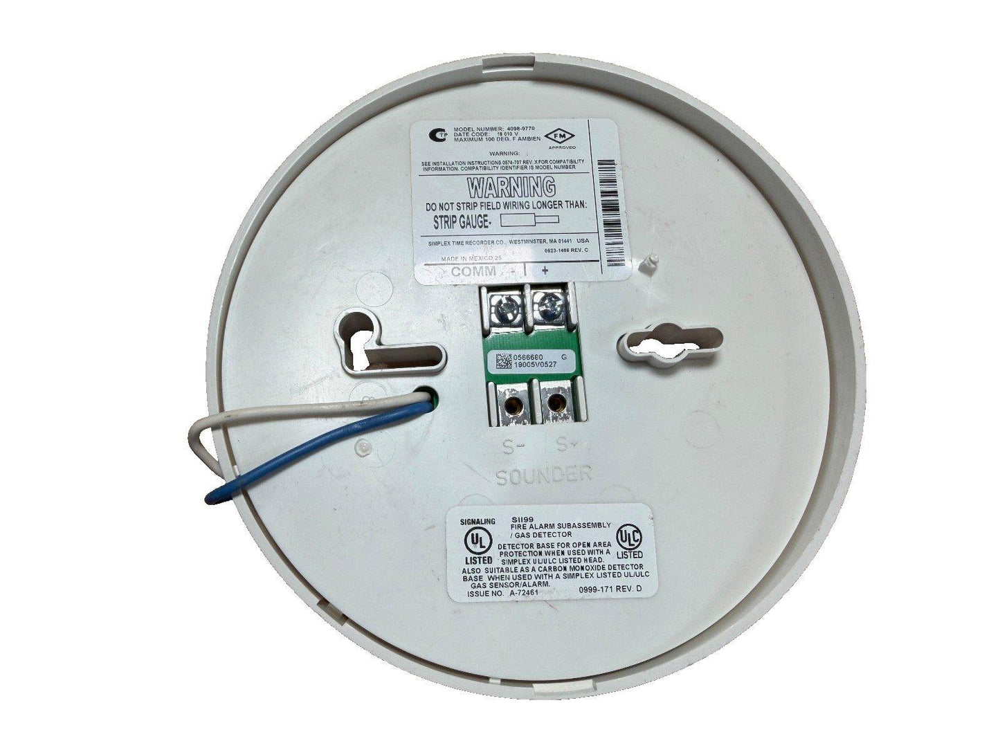Simpex fire alarm detector base with wiring terminals and UL listed label for open area protection