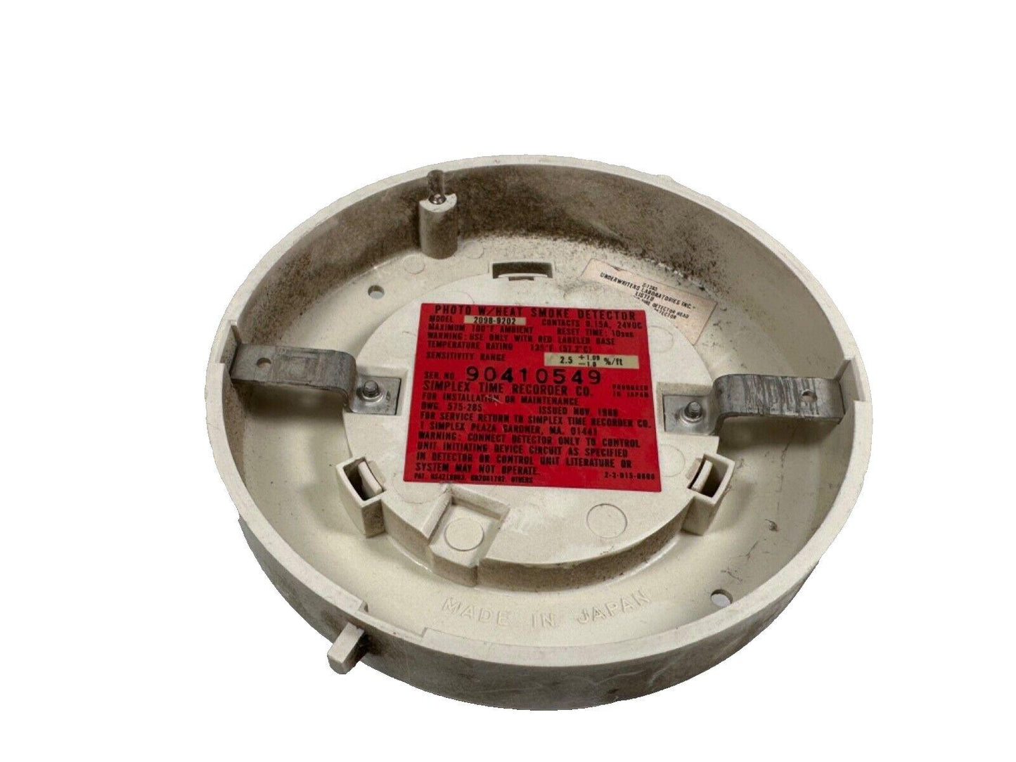 Used Simplex photo/heat smoke detector with red label, model 2098-9702, made in Japan