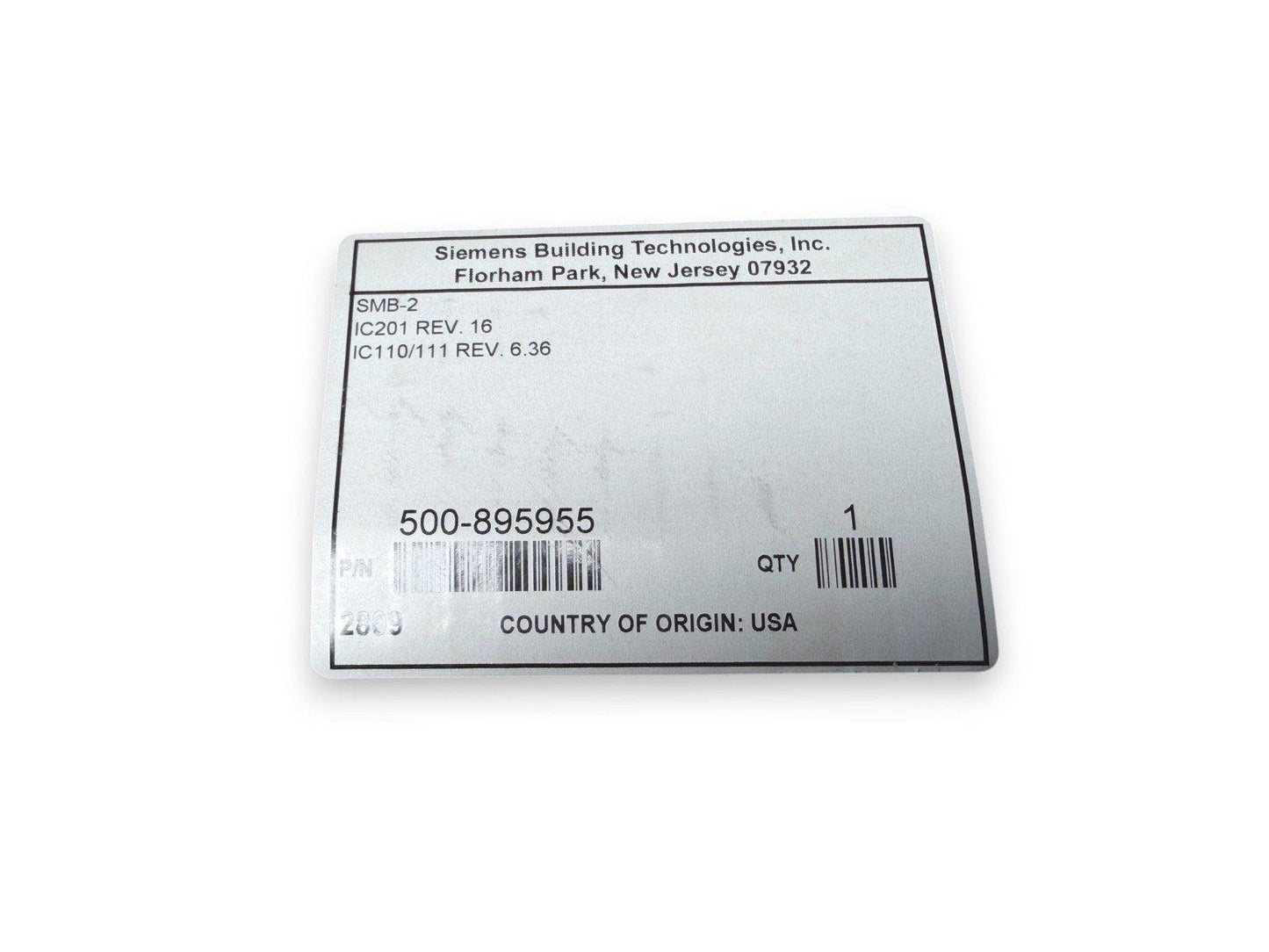 Siemens fire alarm label SMB-2, part #500-895955, USA made, for fire safety systems