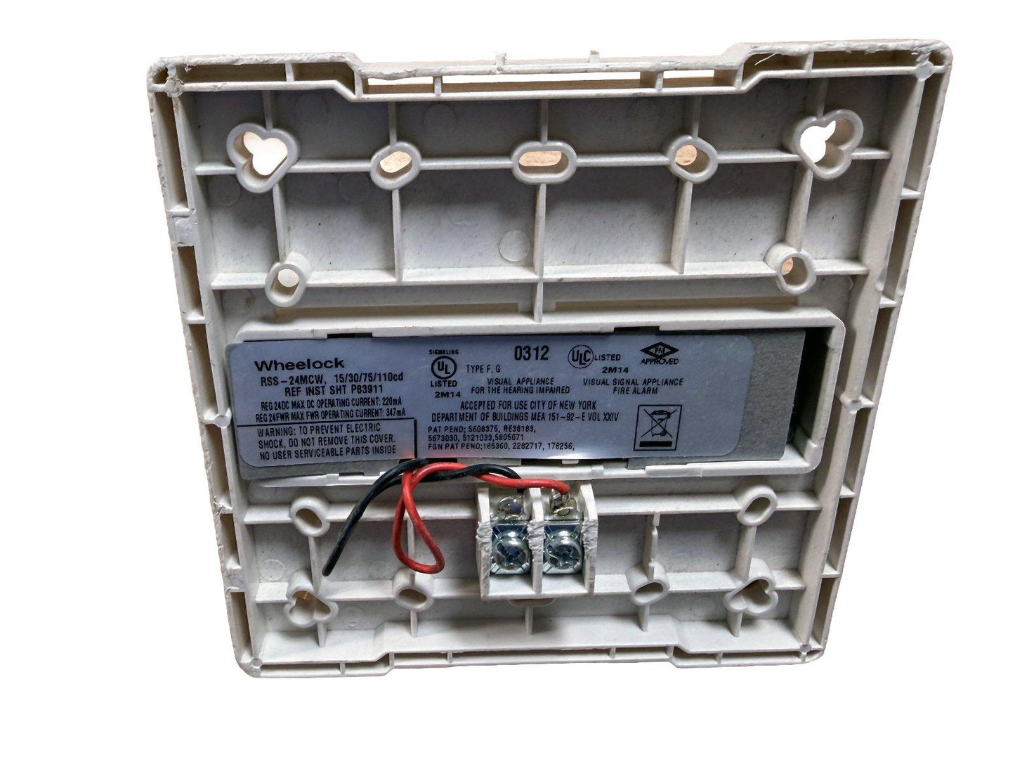 Wheelock RSS-24MCW fire alarm strobe with wiring terminals and UL listed label for commercial use