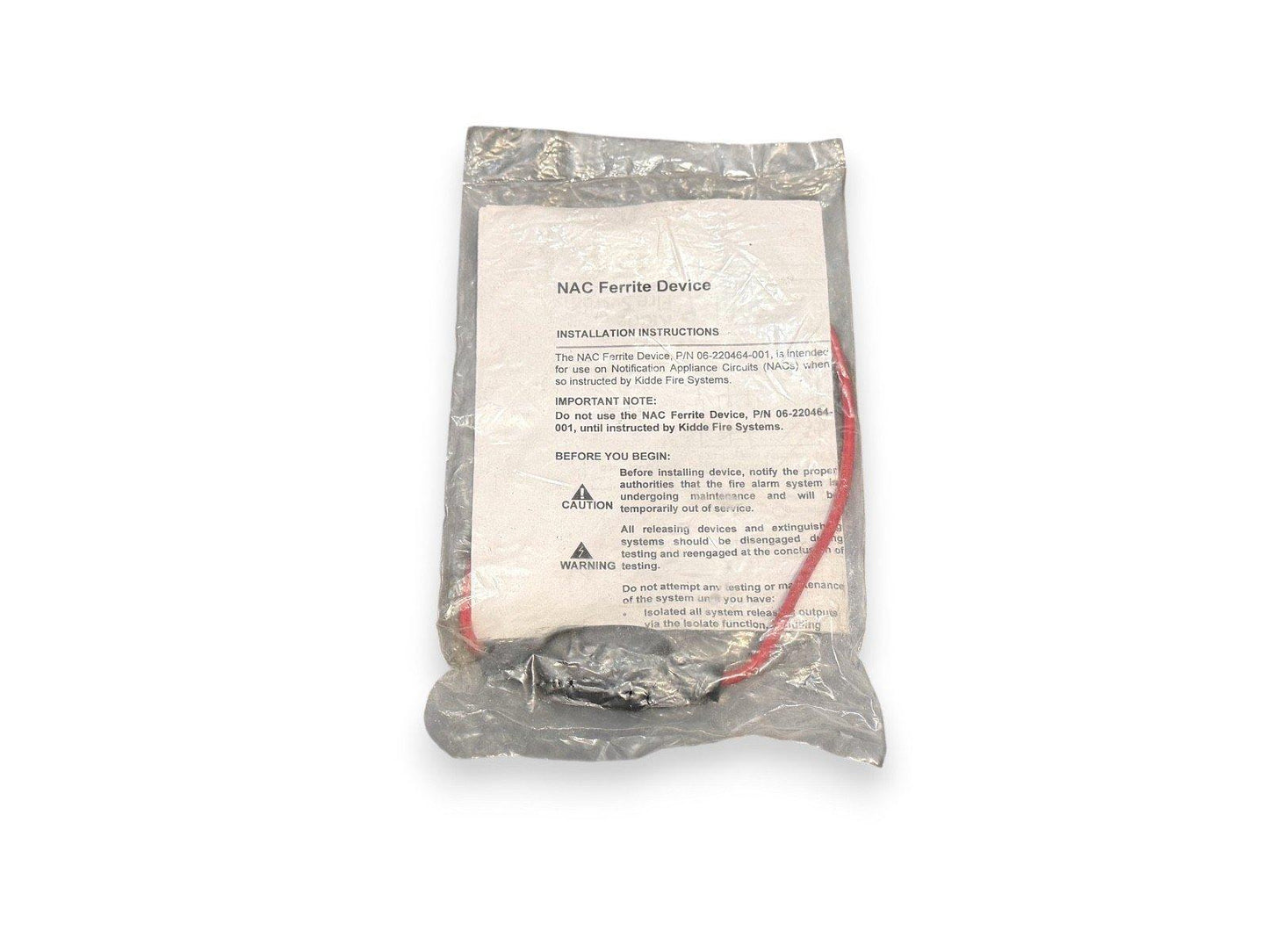 NAC Ferrite Device for fire alarm systems, packaged with installation instructions and red wiring