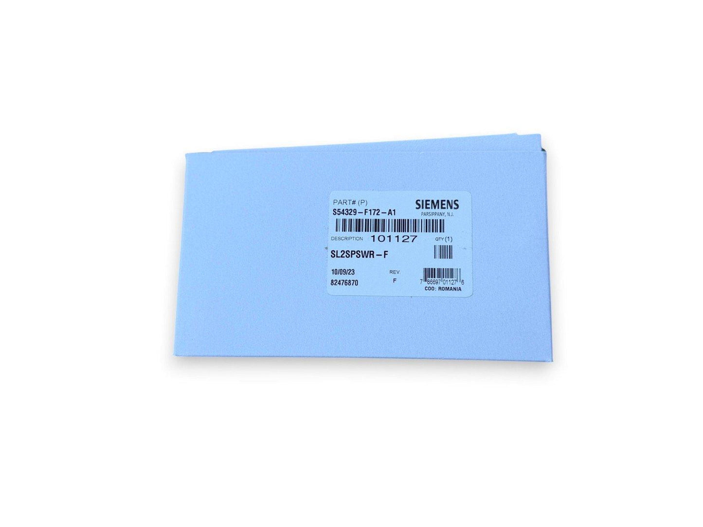 Siemens fire alarm part S54329-F172-A1 in blue packaging, model SL2SPSWR-F, made in Romania