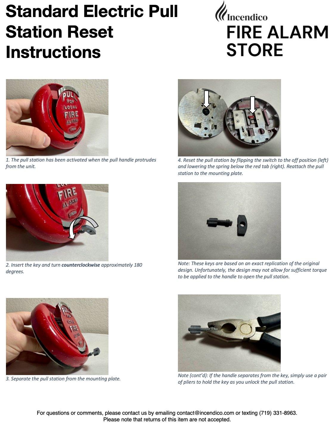 Standard electric fire alarm pull station reset instructions with key and pliers