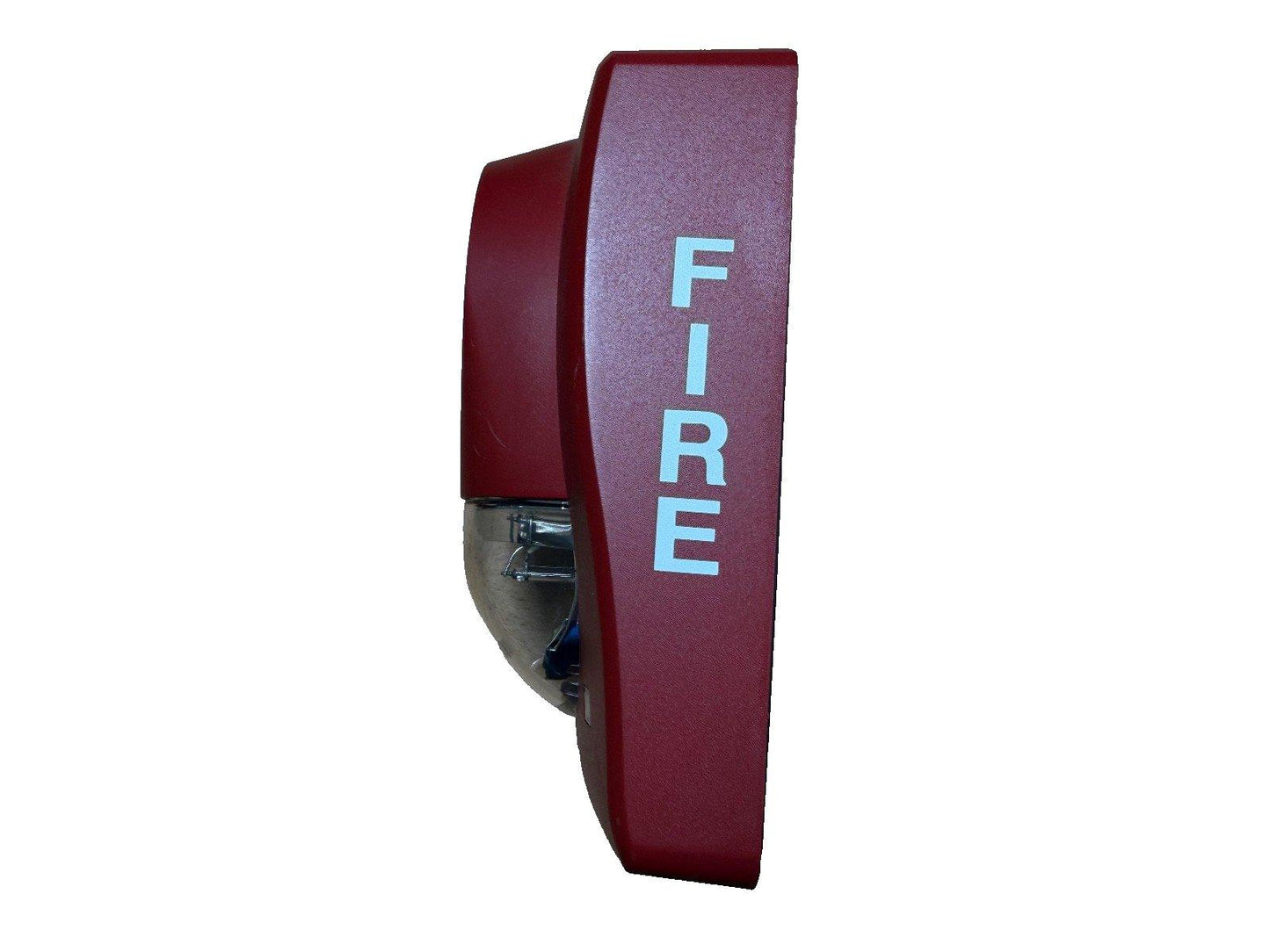 Red fire alarm horn strobe with 'FIRE' label, used for emergency warning systems