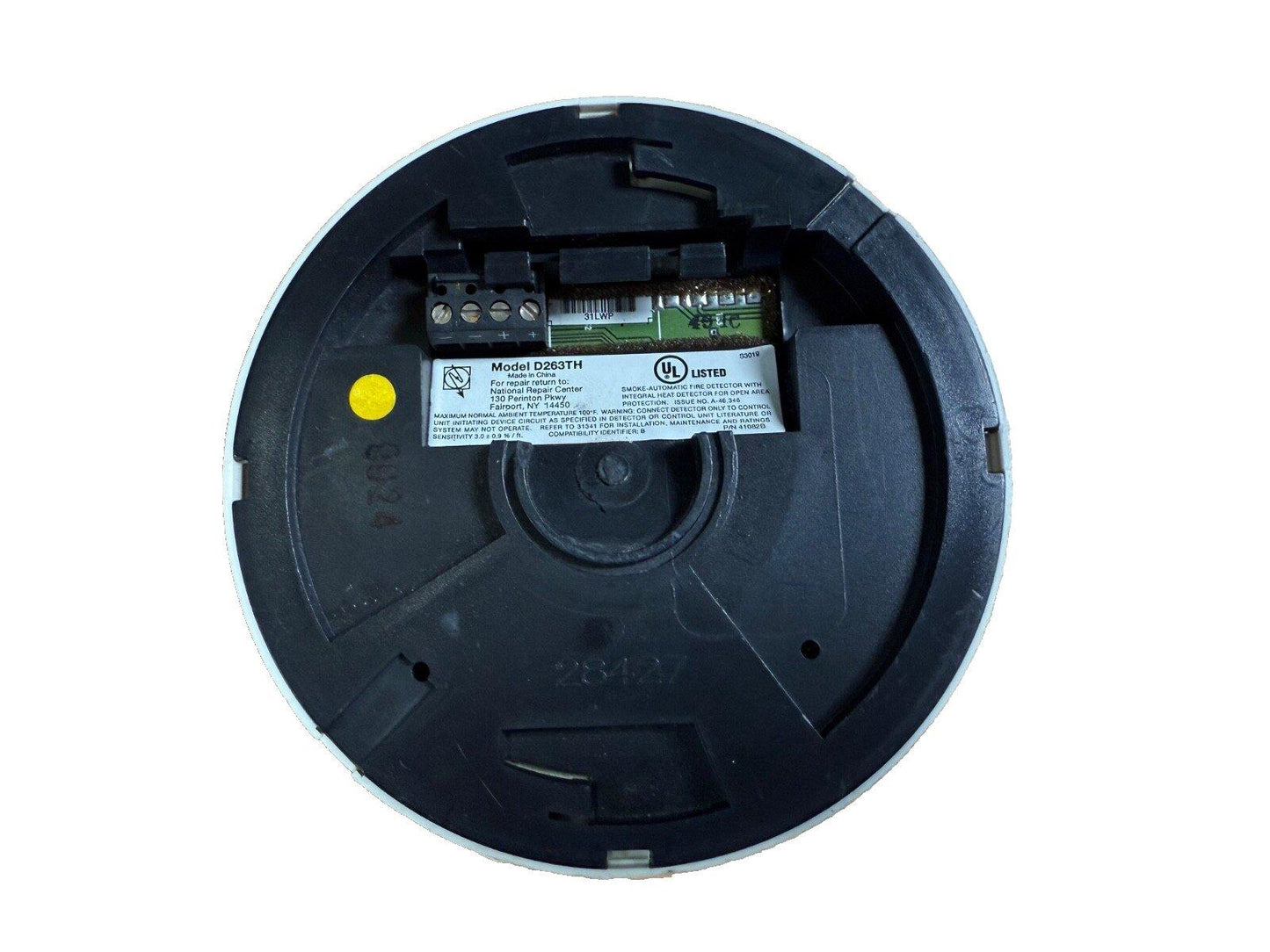 UL Listed smoke and heat fire detector model D263TH with wiring terminals and circuit board visible