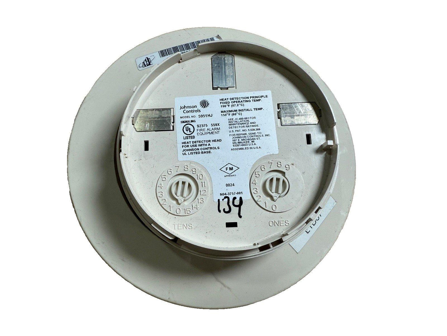 Johnson Controls 5951HJ heat detector head for fire alarm systems, UL listed, fixed temp 190°F