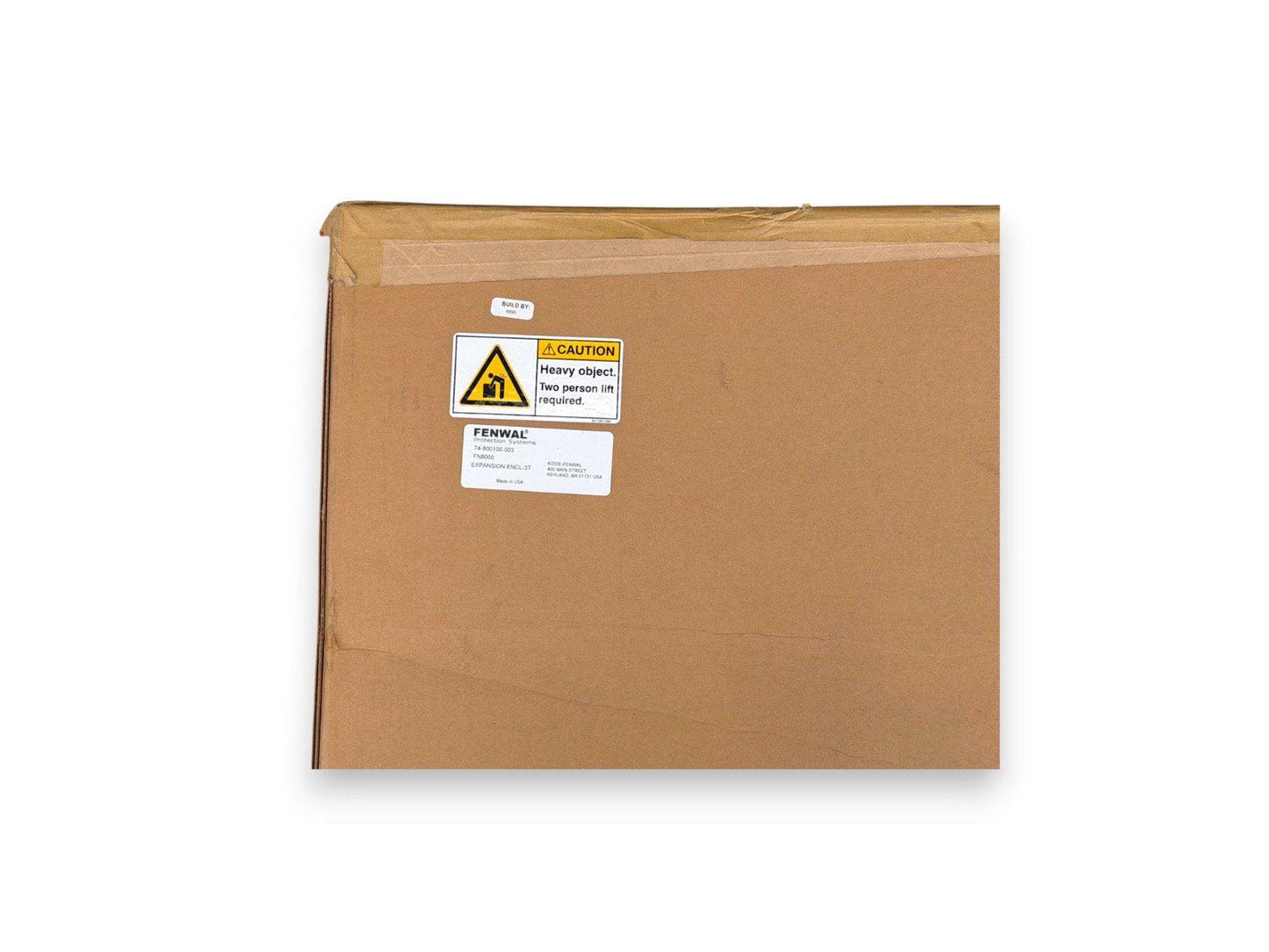 FENWAL fire alarm expansion enclosure box with caution label, heavy object, two-person lift required