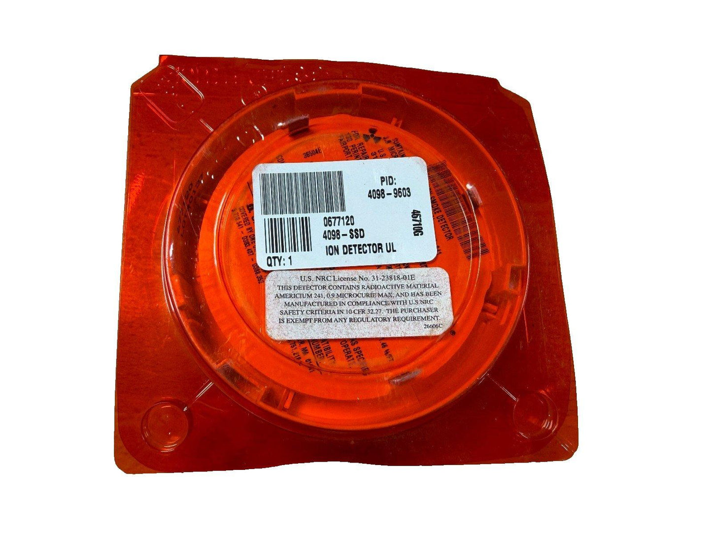 Orange ion smoke detector with UL label and radioactive material warning, model 4098-SSD