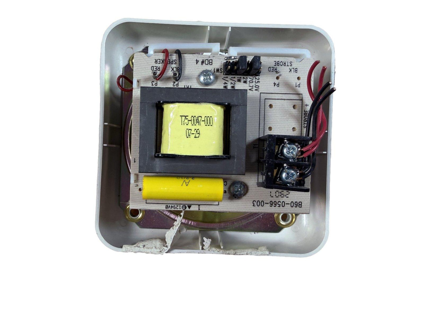 Fire alarm control module with transformer, capacitors, and wiring terminals for fire safety systems