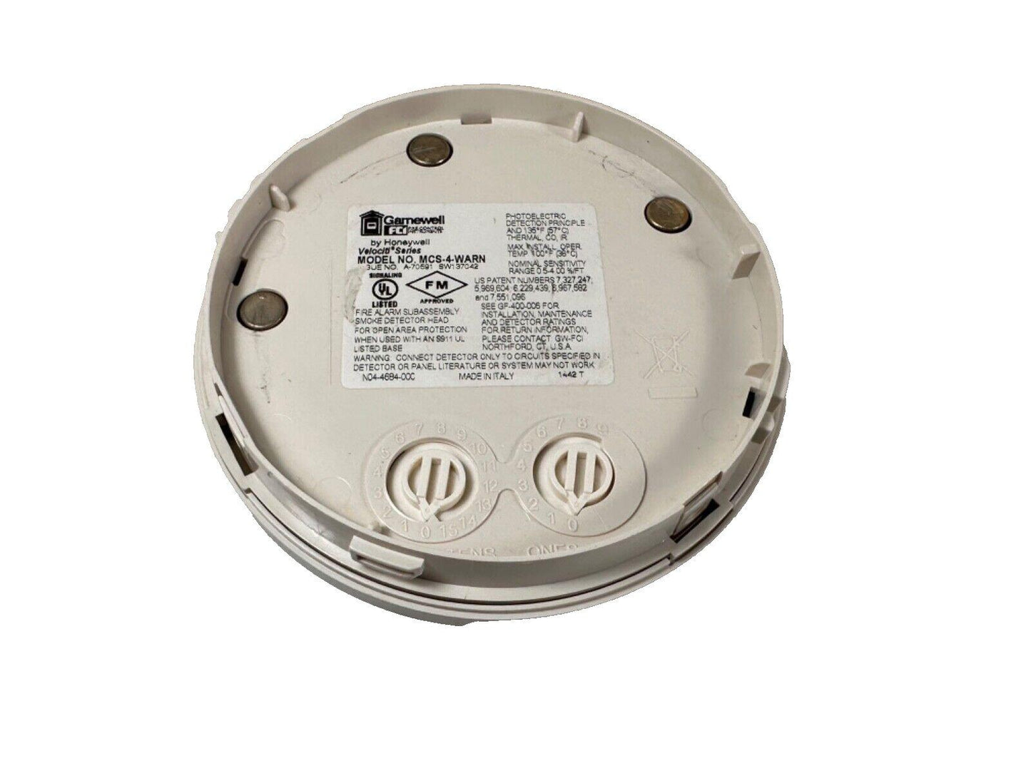 Gamewell by Honeywell MCS-4-WARN smoke detector head, fire alarm subassembly with UL/FM listing, made in Italy