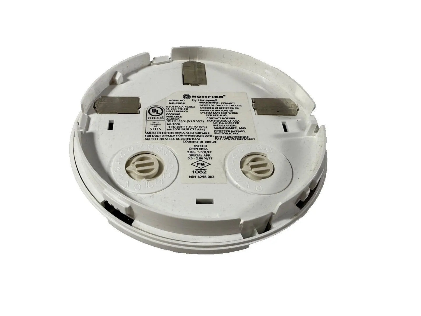 White NOTIFIER NP-200R fire alarm smoke detector base, featuring clear mounting clips and labeled specifications.