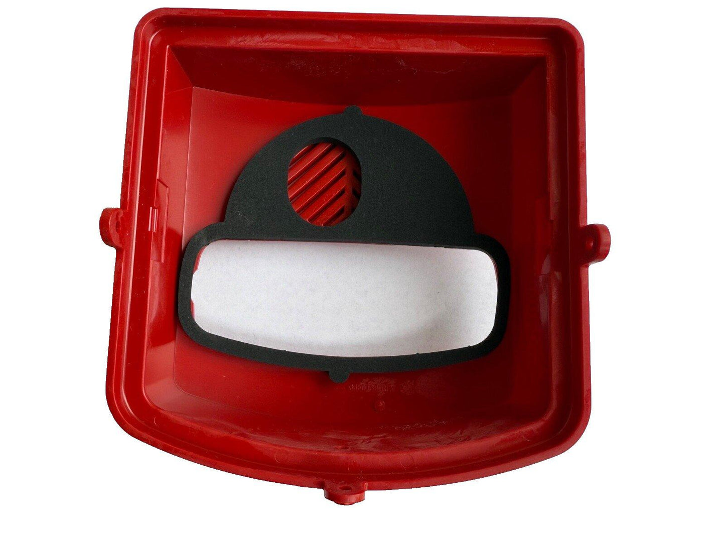 Red fire alarm horn speaker cover with black gasket and white filter insert