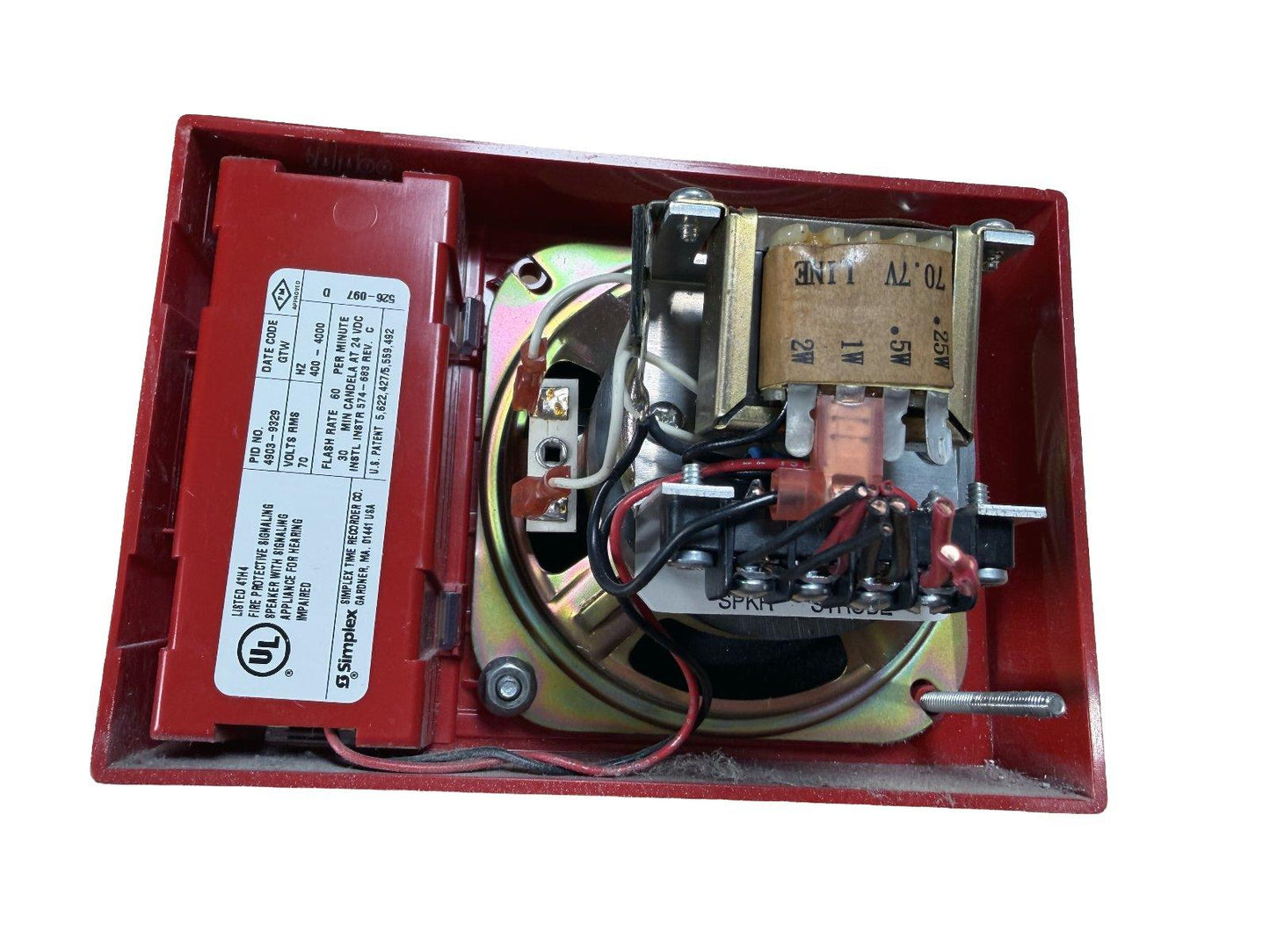 Red fire alarm speaker with internal wiring and UL listed label, for hearing impaired signaling