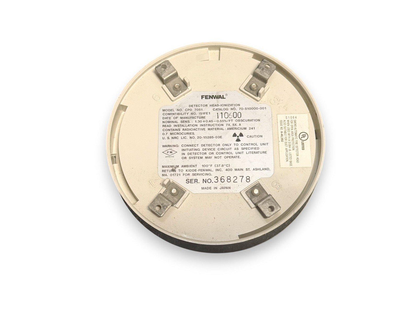 Fenwal CPD 7051 ionization smoke detector head with UL listing, made in Japan
