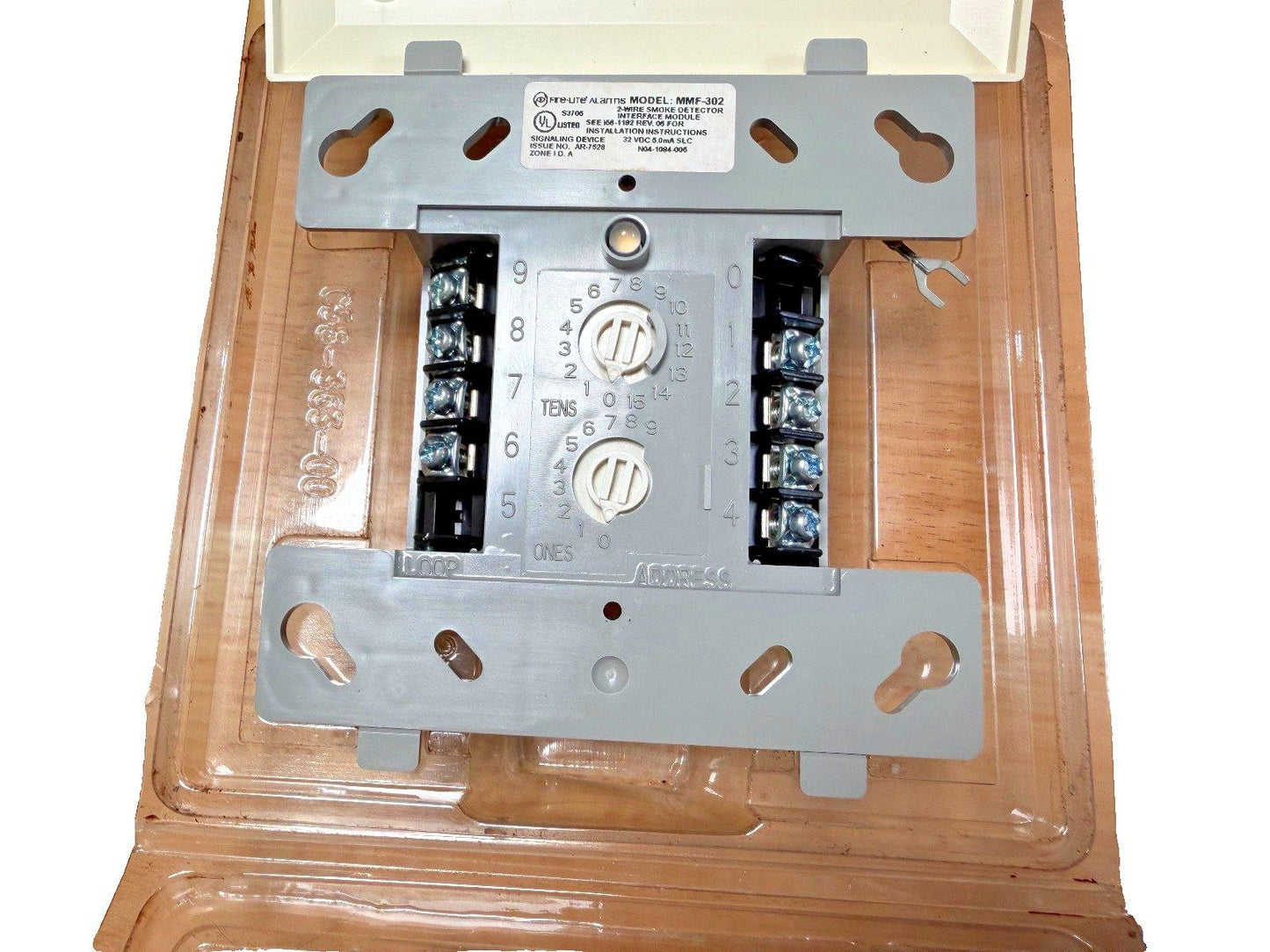 Fire-Lite MMF-302 2-wire smoke detector interface module with address dials and terminal connections