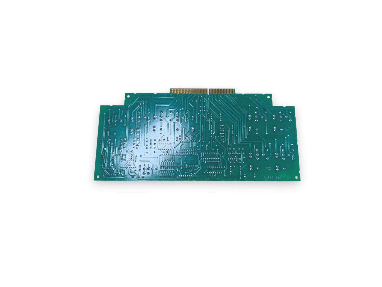 Green fire alarm control panel circuit board with gold connector pins, used in fire safety systems.