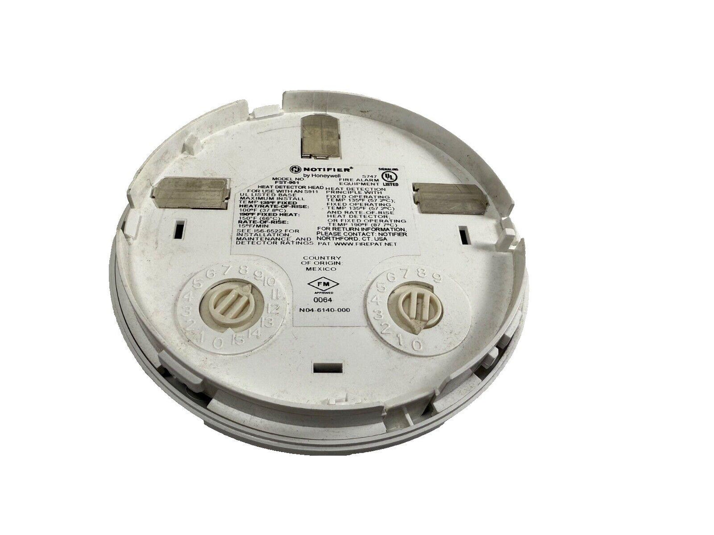 Notifier by Honeywell FST-901 heat detector head for fire alarm systems, UL listed, with adjustment dials and specs label
