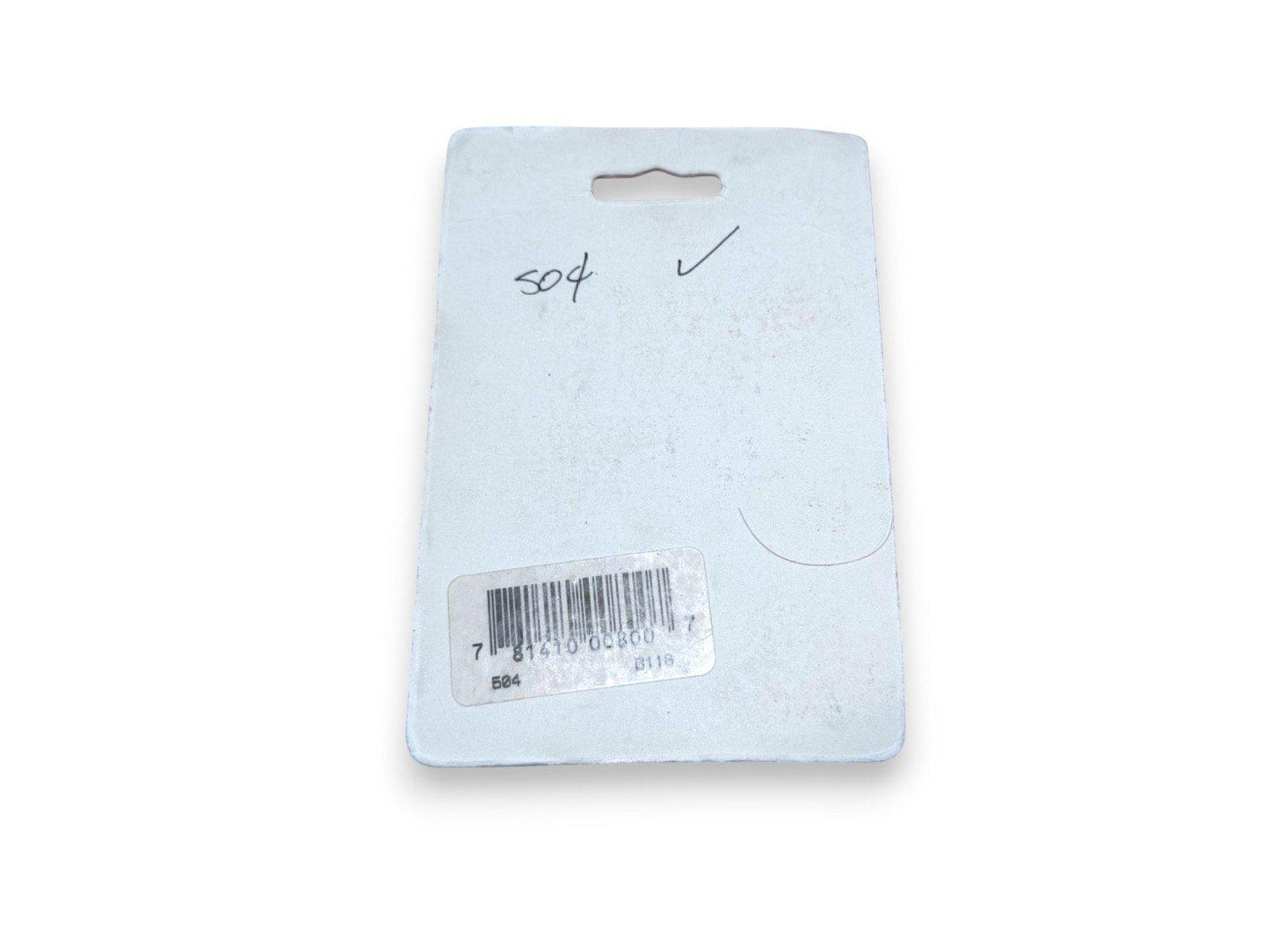 Fire alarm equipment tag with barcode, handwritten 504 and checkmark, for inventory tracking