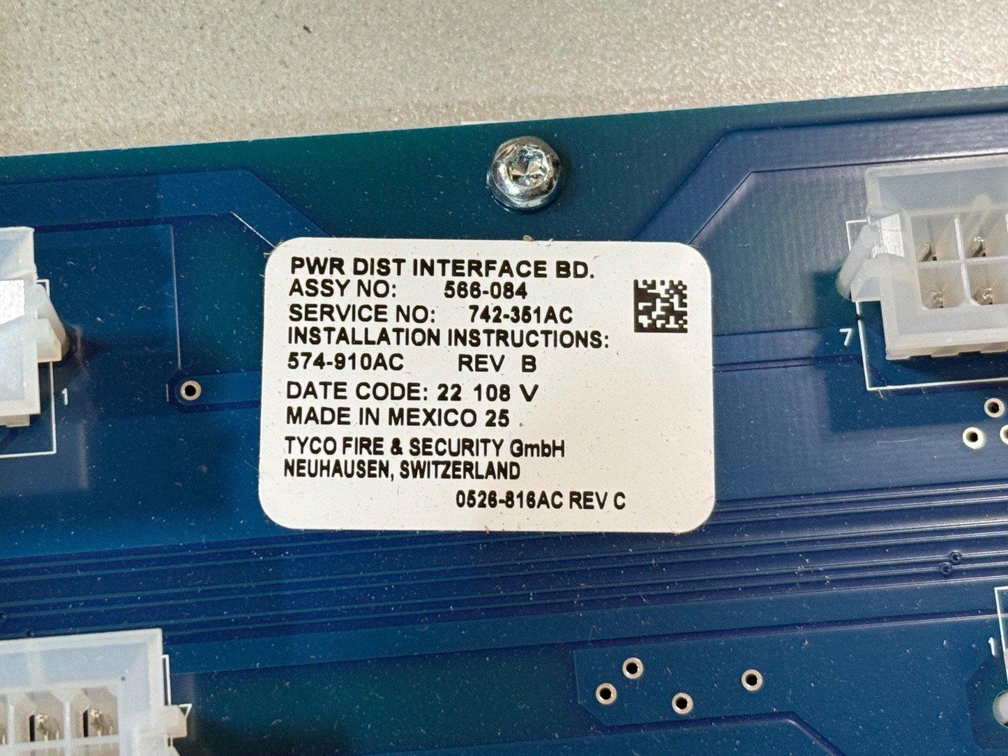 Tyco fire alarm power distribution interface board with service and assembly numbers, made in Mexico