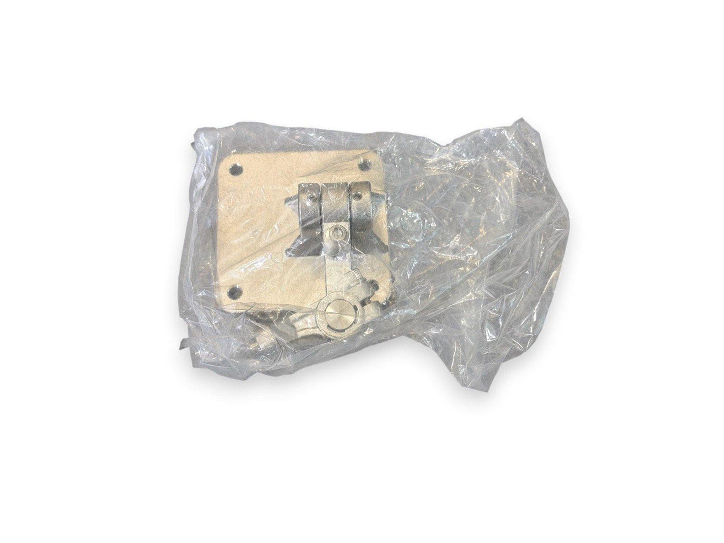 Fire alarm control panel component in plastic wrap, metallic housing with mounting holes