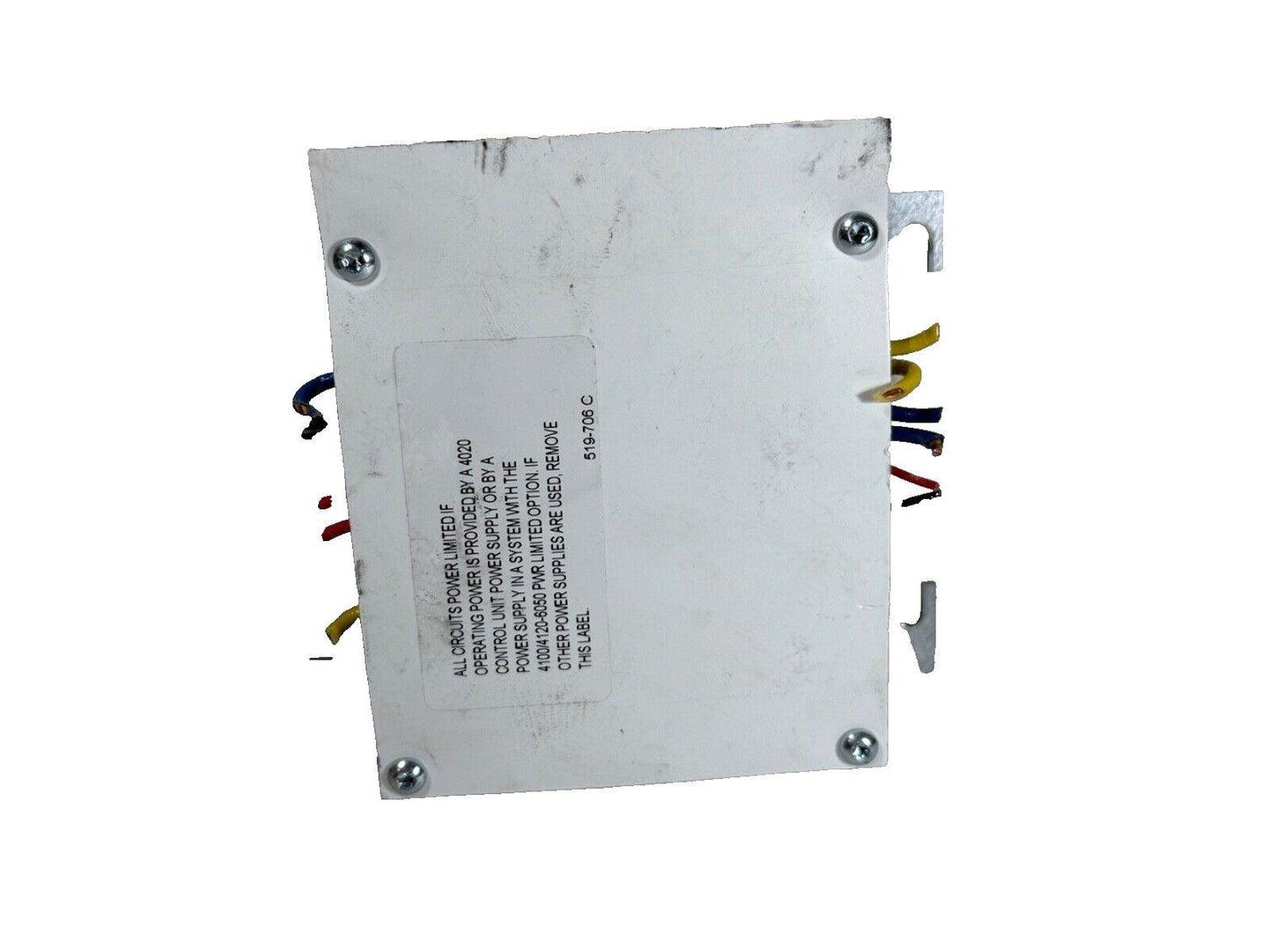 Fire alarm power supply module with wiring terminals and safety label for commercial systems