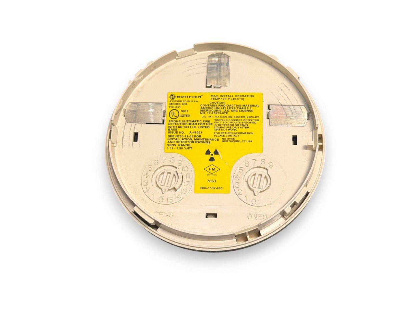 Notifier FSI-851 smoke detector head with UL listed label and radioactive material warning, used fire alarm equipment
