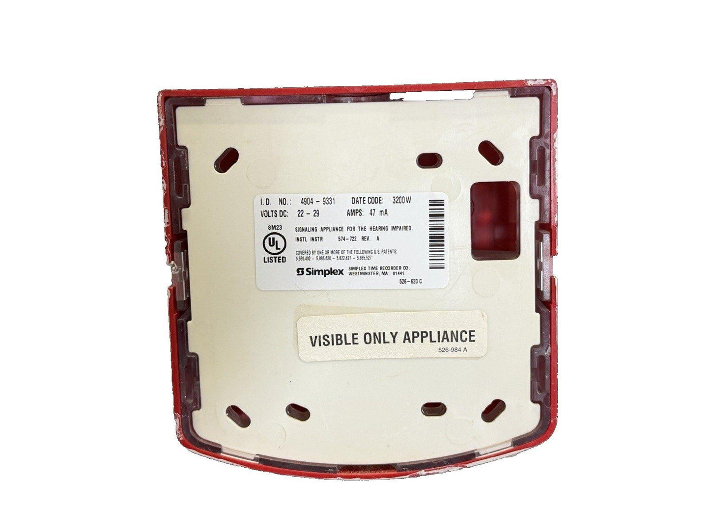 Simplex fire alarm strobe light, visible only appliance, UL listed for hearing impaired safety